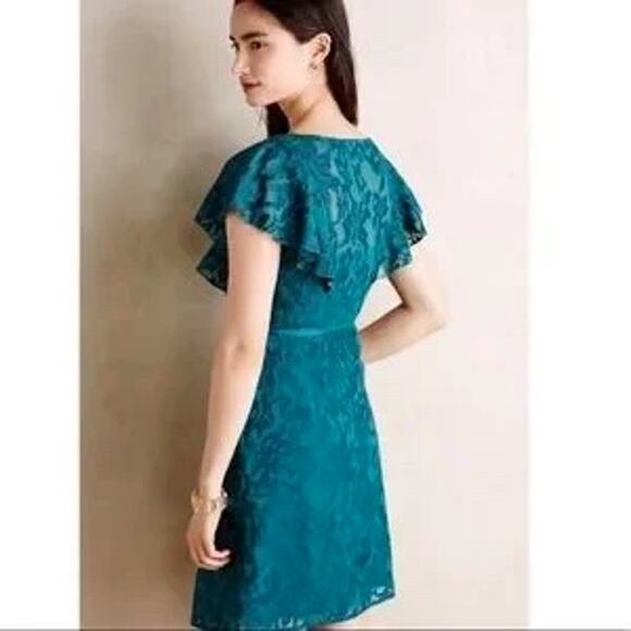Anthropologie Moulinette Soeurs Teal Green Embroidered Flutter Dress SZ 2 - Picture 3 of 9